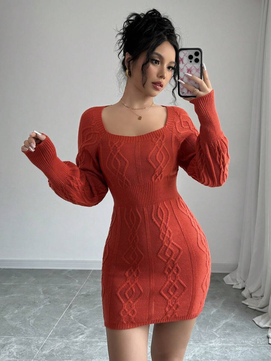 Calvaya Square Neck Solid Color Casual Long Sleeve Sweater Dress