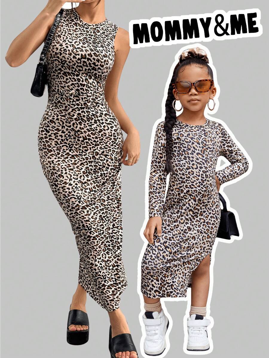 SHEIN NovaGlow Young Girl Knitted Leopard Pattern Casual Dress For Young Girl