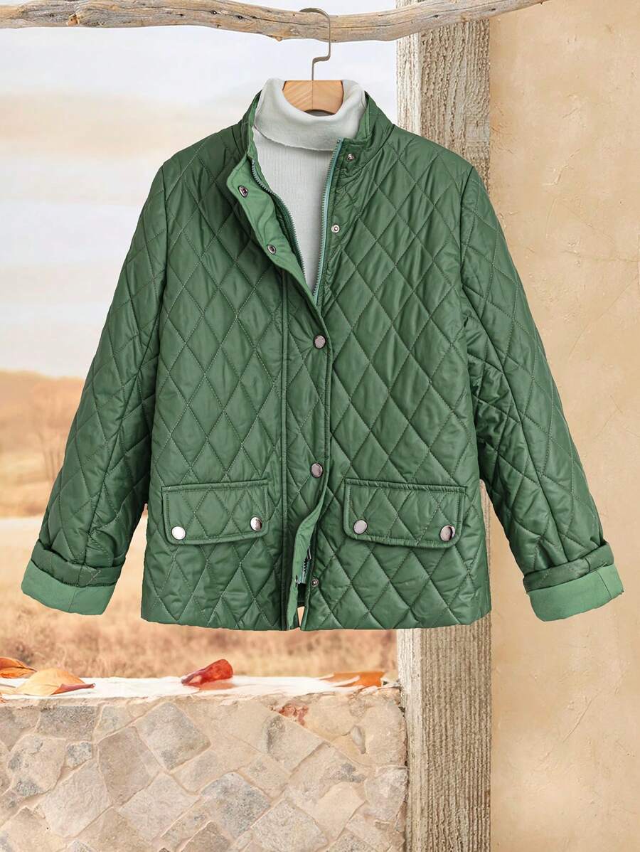 EMERY ROSE Women's Plain Front Button Closure Long Sleeve Pocket Casual Padded Coat