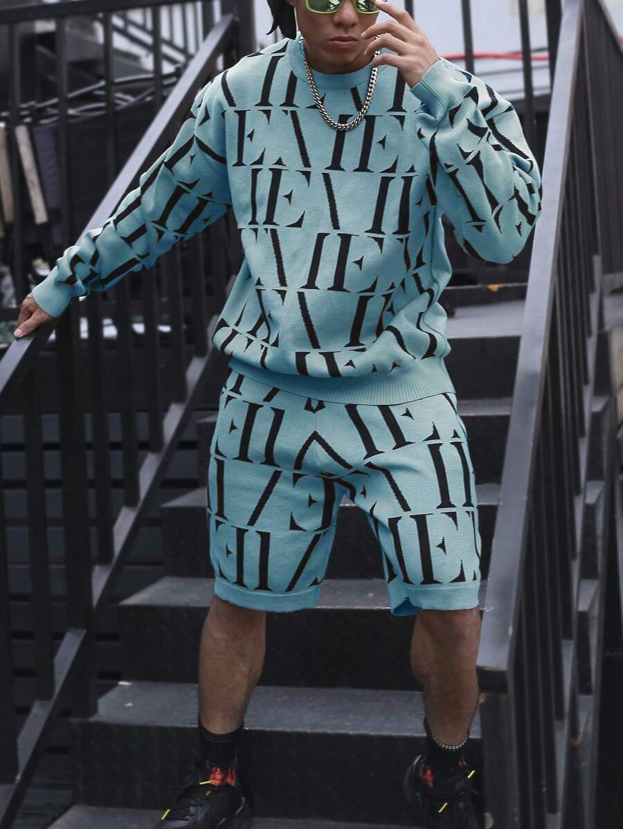 Manfinity EMRG Men's All-Over Print Crew Neck Long Sleeve Knitted Sweater And Shorts Set