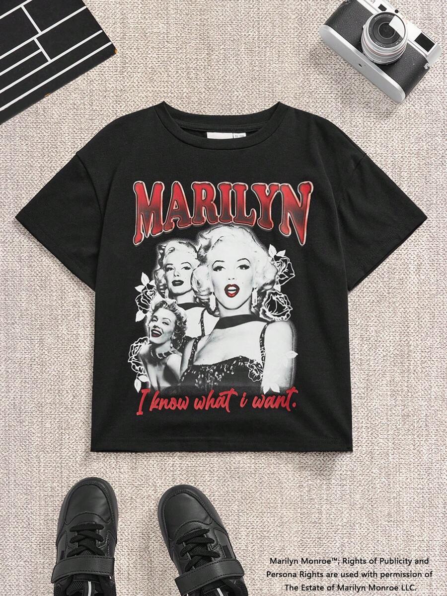 Marilyn Monroe X SHEIN Young Girl 1pc Black Casual Versatile English Letter & Figure Print Crew Neck Short Sleeve T-Shirt
