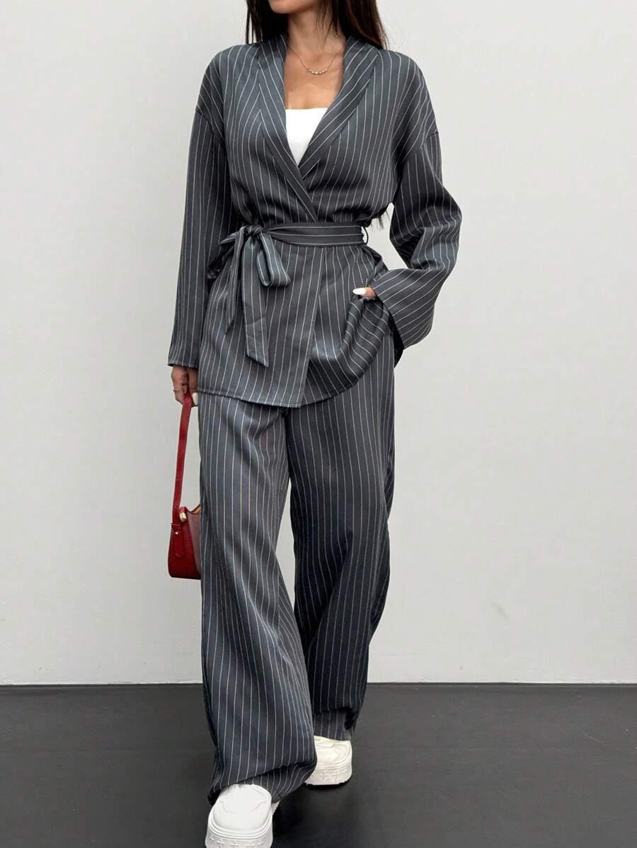 Siren Gaze 2pcs Women's Striped Wrap Elegant Casual Kimono Blazer Set, Grey, Office Fashion Commuter Suit