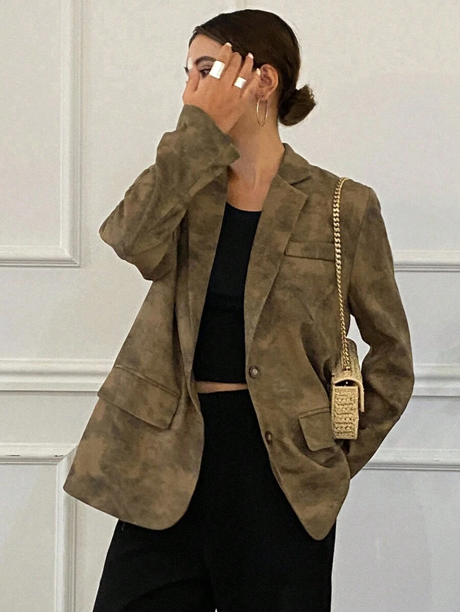 DAZY Blazer holgado de mujer con cuello vuelto y hombros acolchados, de manga larga, con estampado floral teñido anudado