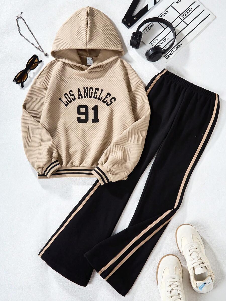 SHEIN 2pcs Set Teen Girls' Letter Print Long Sleeve Hoodie Sweatshirt & Flare Pants Casual Outfit, Spring & Autumn