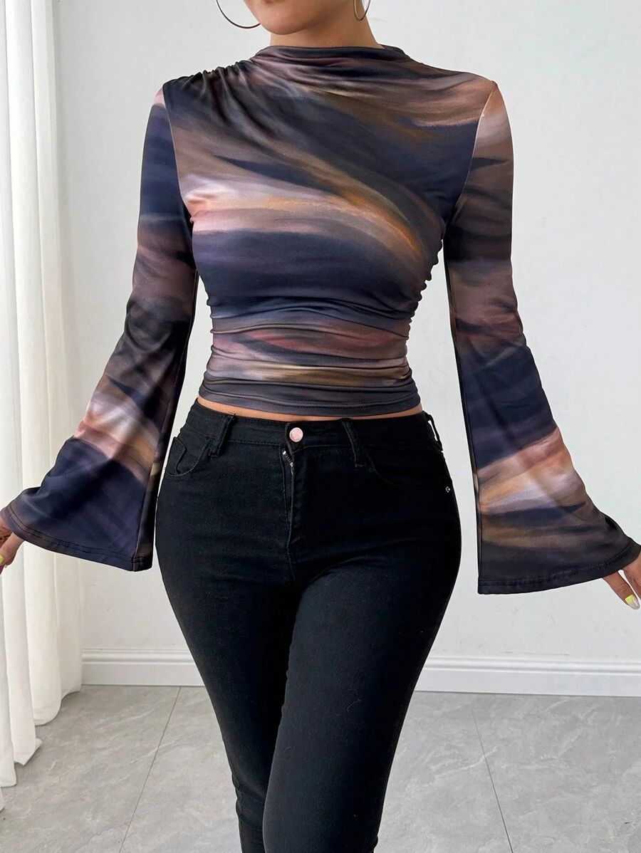 Calvaya Tie-Dye Print Asymmetric Pleated Collar Flared Sleeve T-Shirt Graphic Tees Women Tops