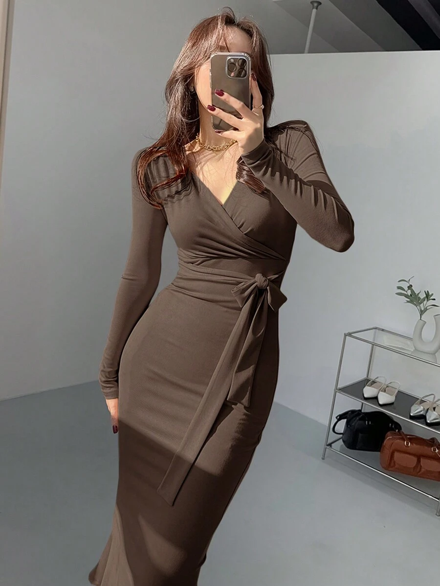 DAZY Women Solid Color Wrap Tie Waist Midi Dress, Spring/Summer/Autumn
