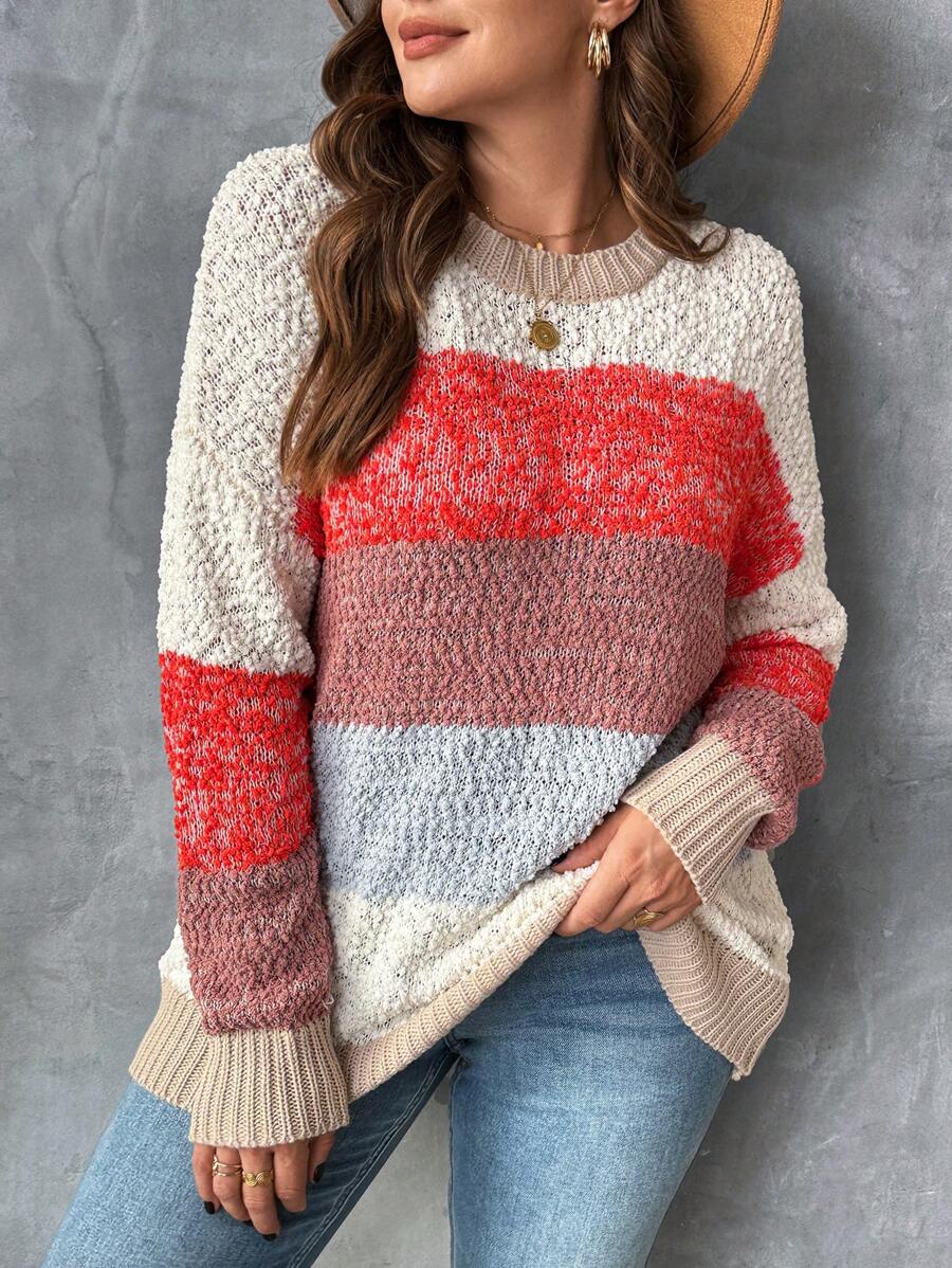 EMERY ROSE Plus Size Casual Home Warm Loose Drop Shoulder Sleeve Colorful Color Block Spliced Fuzzy Autumn Winter Knit Pullover Sweaterfall Women Clothes,Western Woman Attire,Winter Clothes