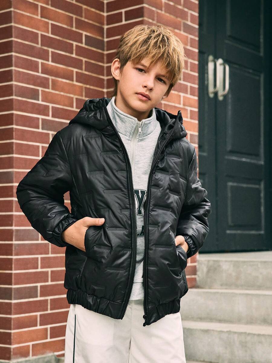 SHEIN Abrigo casual acolchado con capucha con cremallera y textura para niño preadolescente