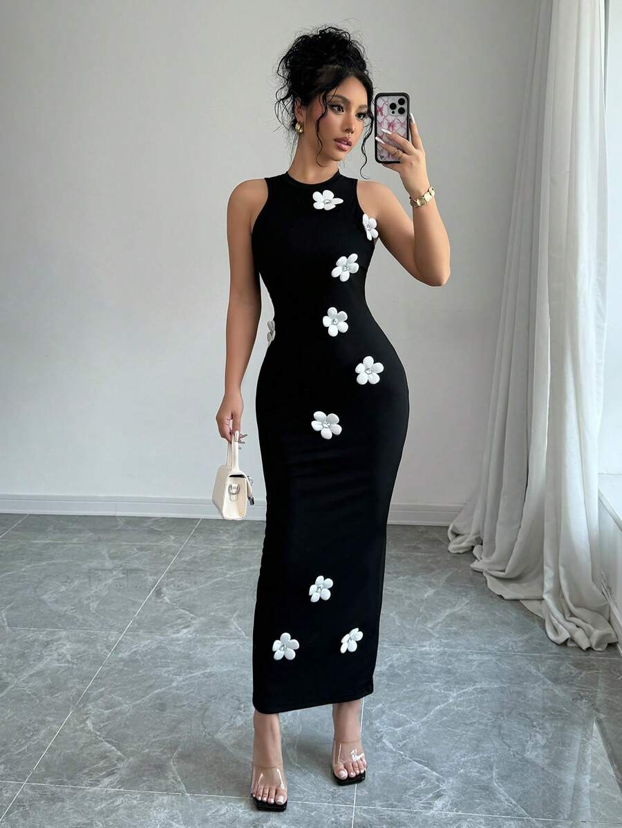 Rafferiza Women's 3D Floral Decor Round Neck Sleeveless Casual Dress Maxi Women Outfit