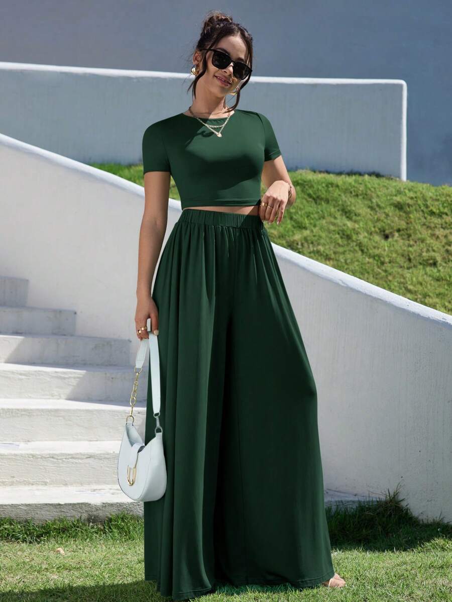 SHEIN Essnce Dames zomer effen kleur ronde hals korte mouwen crop top en wijde broek casual 2-delige set