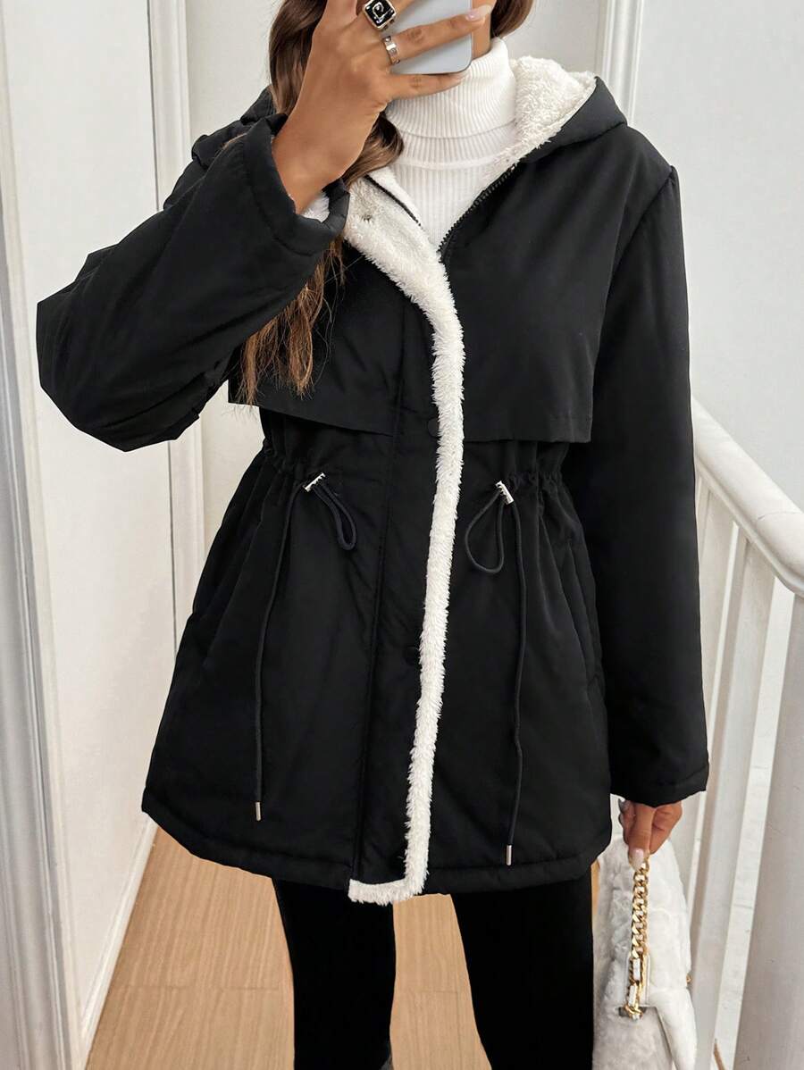 SHEIN Frenchy Women's Solid Color Long Sleeve Drawstring Waist Thermal Lined Hooded Casual Warm Padded Coat, Drawstring Waist Teddy Lined Hooded Clashing Reversible Coat, Winter Women's Black Coat, Zip Up Flannels Warm Women Coat, Winter Coat, Winter Outfits, Winter Women Clothes, Winter Jacket, Parka Coat
