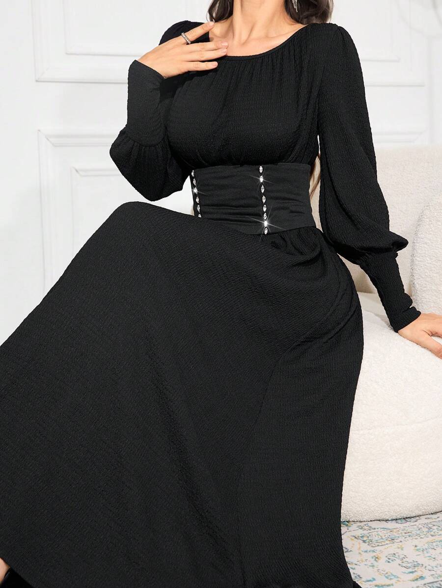 Modelyn Women's Solid Color Rhinestone Decor Crew Neck Long Sleeve Simple Casual Dress Long Evening Dresses