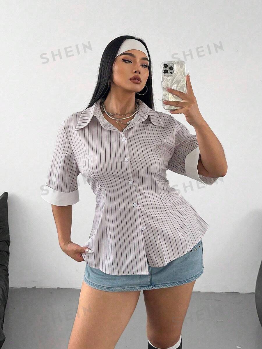 Flirla Camisa con botones delanteros, parches de sólido y rayas, manga media y solapa, talla grande