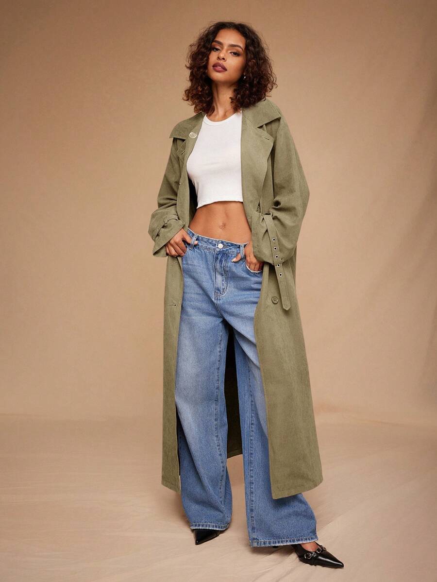 Forever 21 Autumn Winter New Turn-Down Collar Waist-Cinched Oversized Loose Long Trench Coat