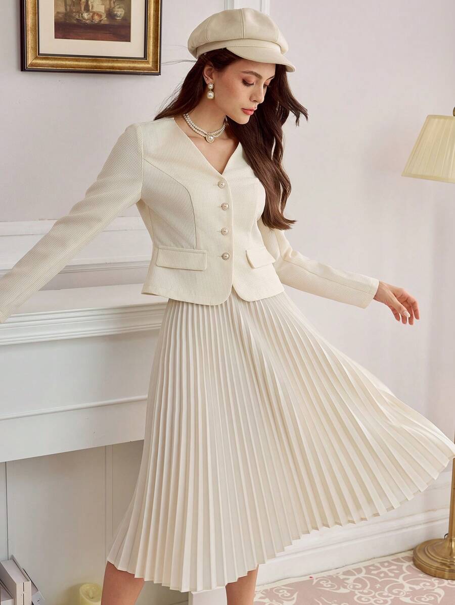 Vintamour 2pcs Vintage Elegant Women V-Neck Long Sleeve Top & A-Line Pleated Skirt Suit, Casual Office Wear Fall Women Clothes White Dress Long Sleeve Jacket Women Skirt Set Fall Women Skirts Homecoming Dress Thanksgiving Fall Two Pieces Sets Fall Skirts Christmas Women Clothes Winter Skirt Outfit Sets Winter Women Clothes Christmas Women Dress Fall Women Outfits Long Fall Dress Winter Women Jacket Women Fall Sets Winter Women Sets Fall Sets