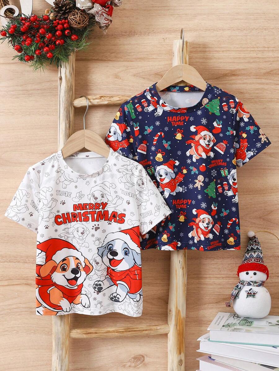 SHEIN Ensemble de 3 pièces pour jeunes garçons : écharpe, gants, bonnet imprimés avec bonhomme en pain d'épices, sapin de Noël et cloches de Noël, t-shirt doux et confortable à imprimé chien de dessin animé, adapté pour le printemps, l'automne et l'hiver