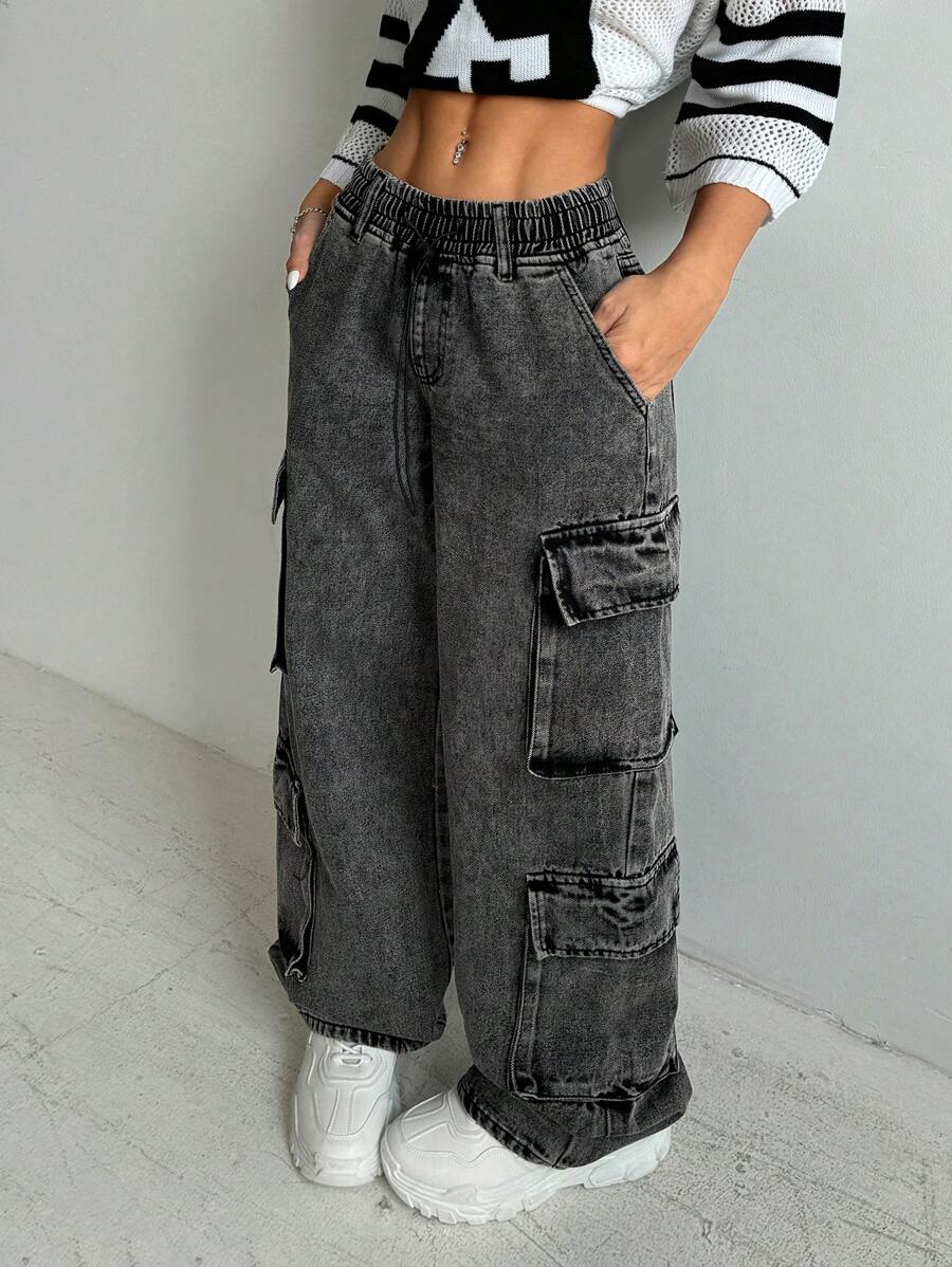 SHEIN EZwear Dames Casual Losse Lage Taille Wijde Pijpen Jeans Met Zakken, Zwart