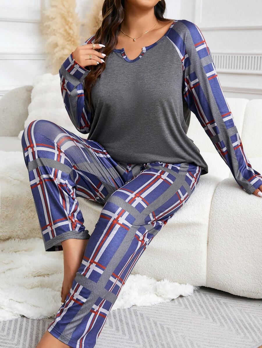 Conjunto de pijama de pantalón y parte superior de contraste de color a cuadros de manga raglán casual de primavera y otoño para mujeres de talla grande