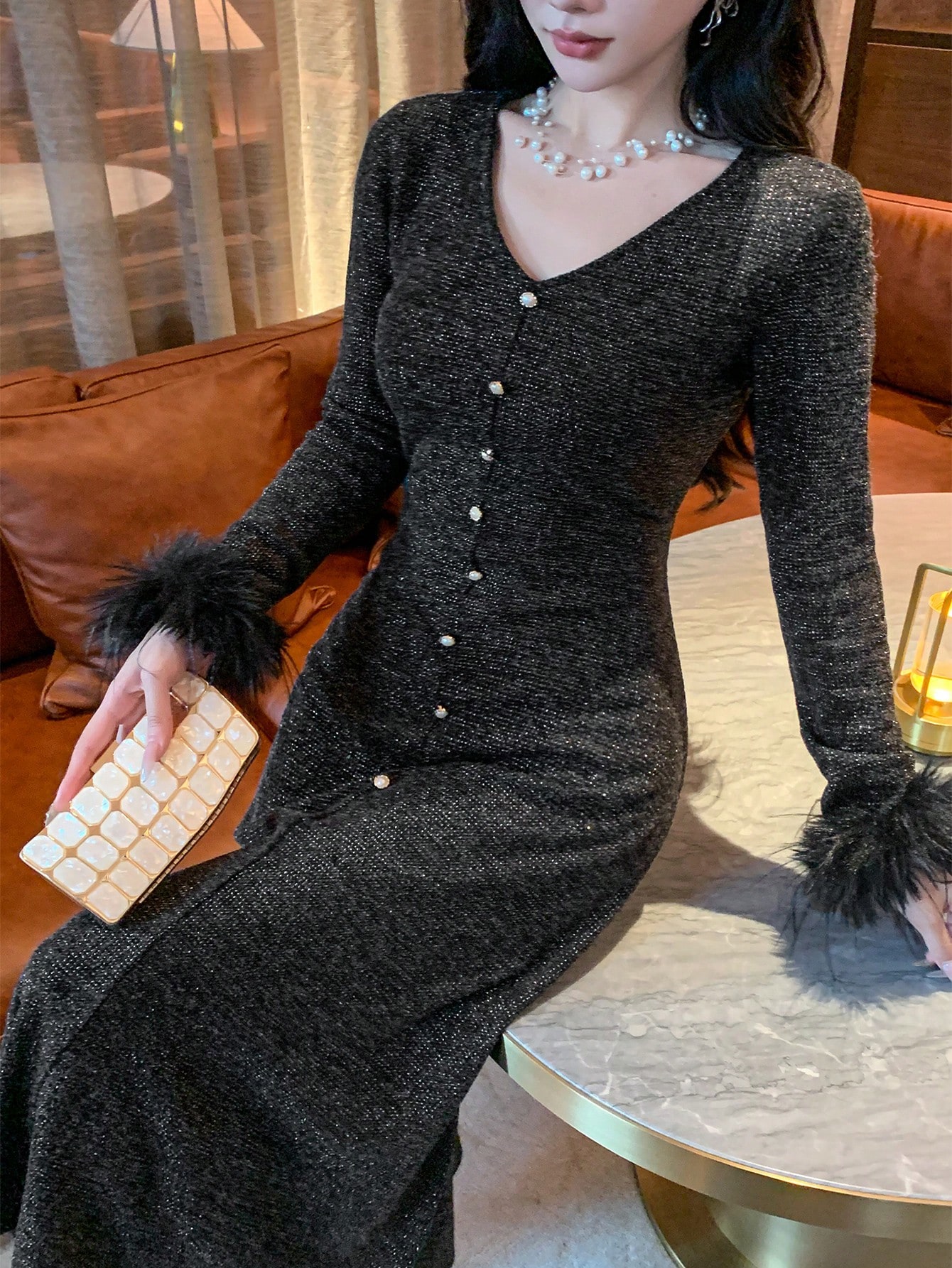 Women's Solid V-Neck Long Sequin & Fluffy Patchwork Long