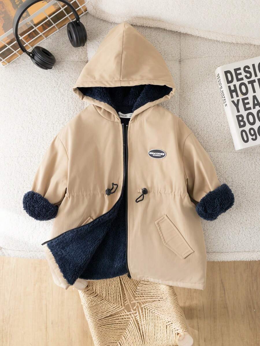 SHEIN 1 pieza Chaqueta con capucha, cintura con cordón, forra térmica gruesa, estilo informal y lindo para niños pequeños, adecuada para viajes, escuela, otoño e invierno
