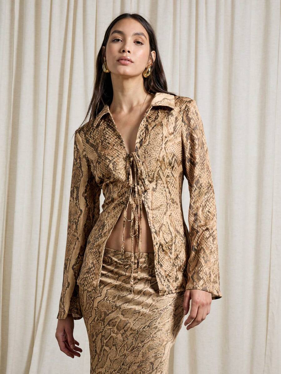 AiiRZ Snake Print Collared Tie Front Long Sleeved Blouse