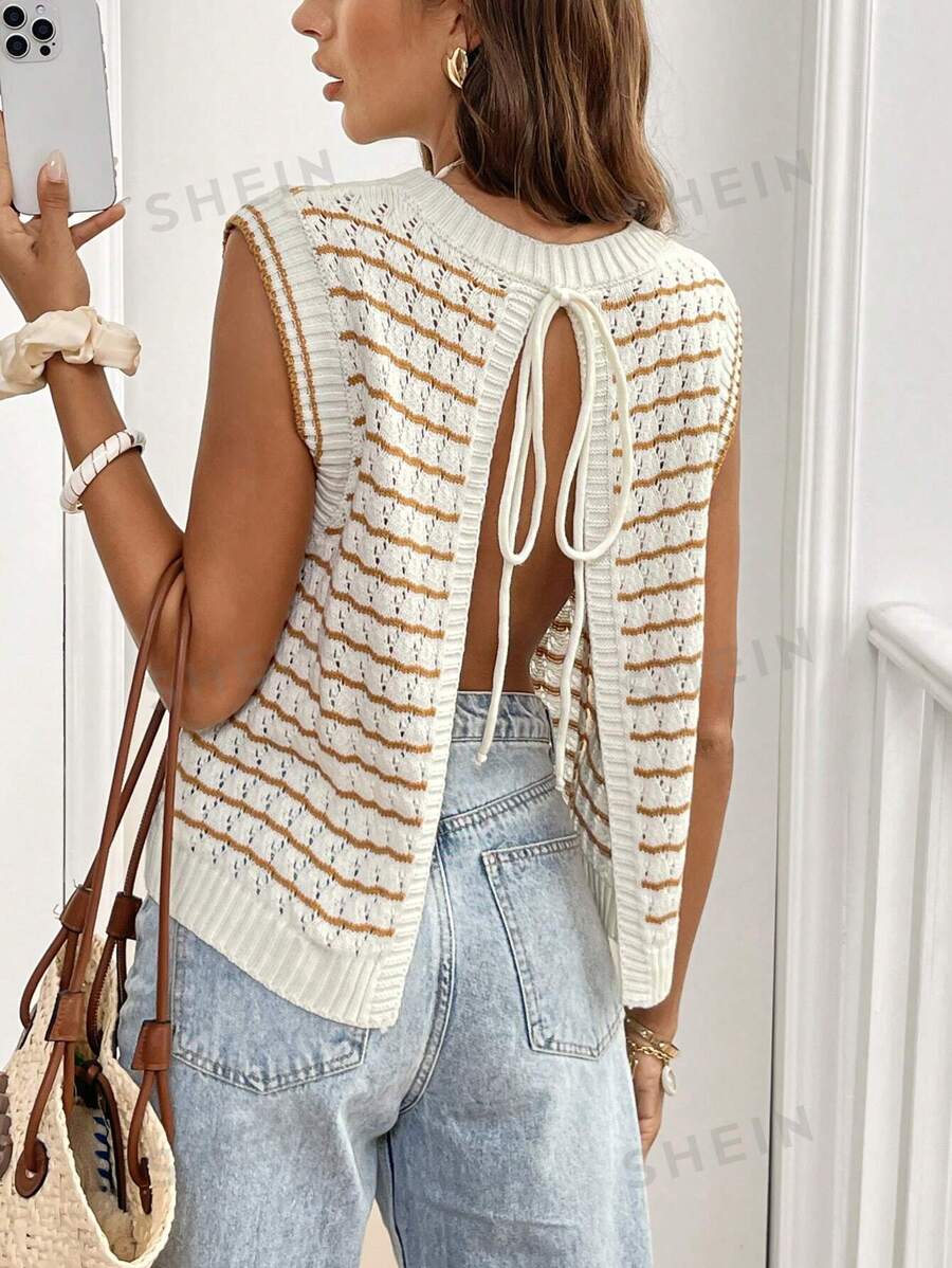 SHEIN Frenchy Chaleco de punto sin mangas con cuello redondo, espalda con lazo y diseño de rayas para mujer, casual para uso diario