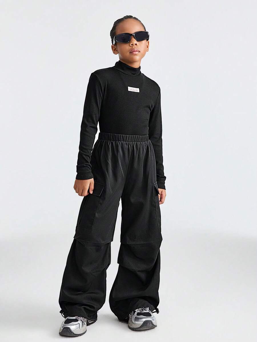 SHEIN Conjunto de 2 peças de blusa e calça minimalistas para meninas adolescentes, cor sólida, gola alta, manga comprida