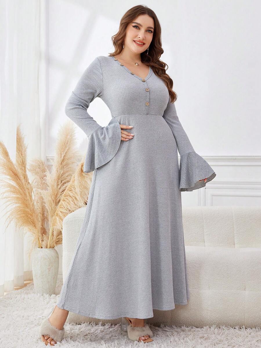 Mulvari Plus Size Women's Solid V-Neck Flare Long Elegant Dress, Spring/Autumn