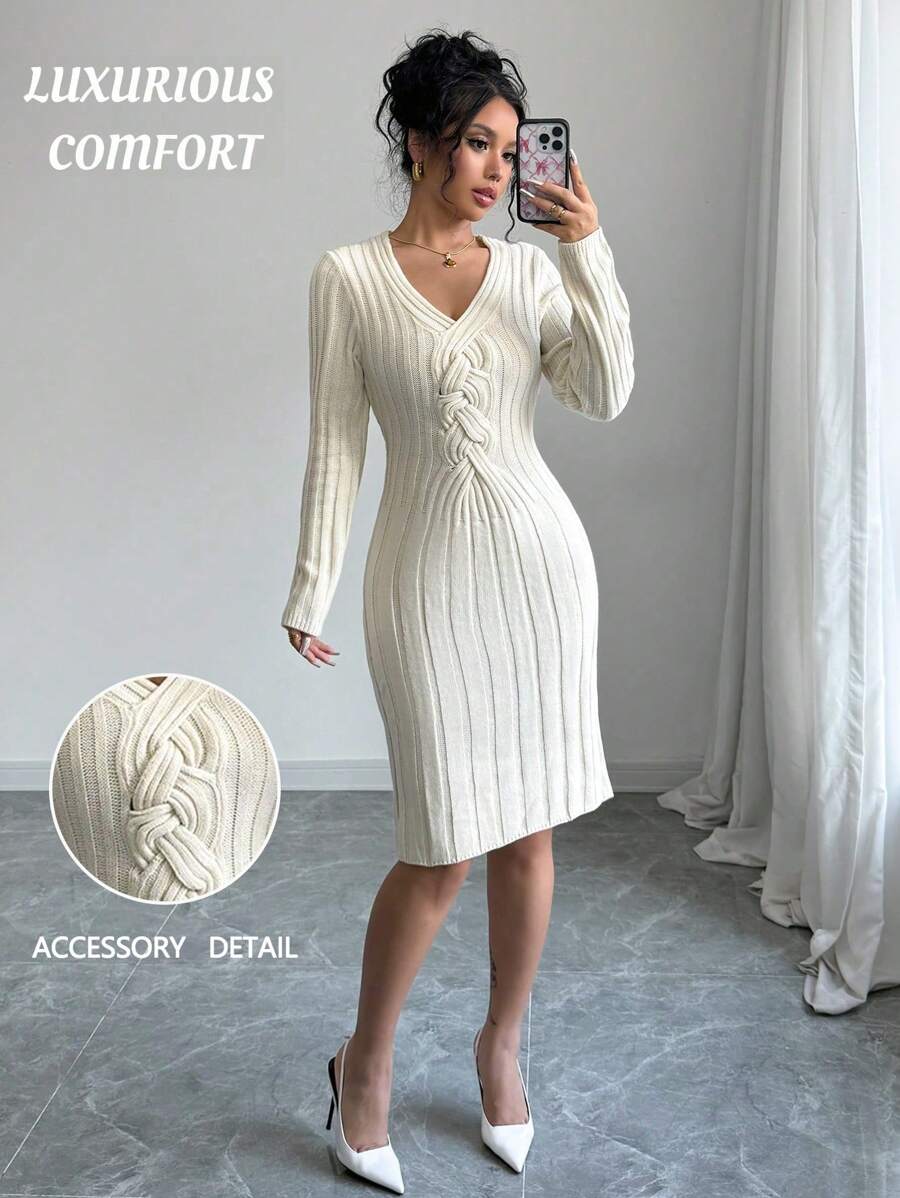 Calvaya Robe pull minimaliste à col en V, manches longues, couleur unie, port casual quotidien