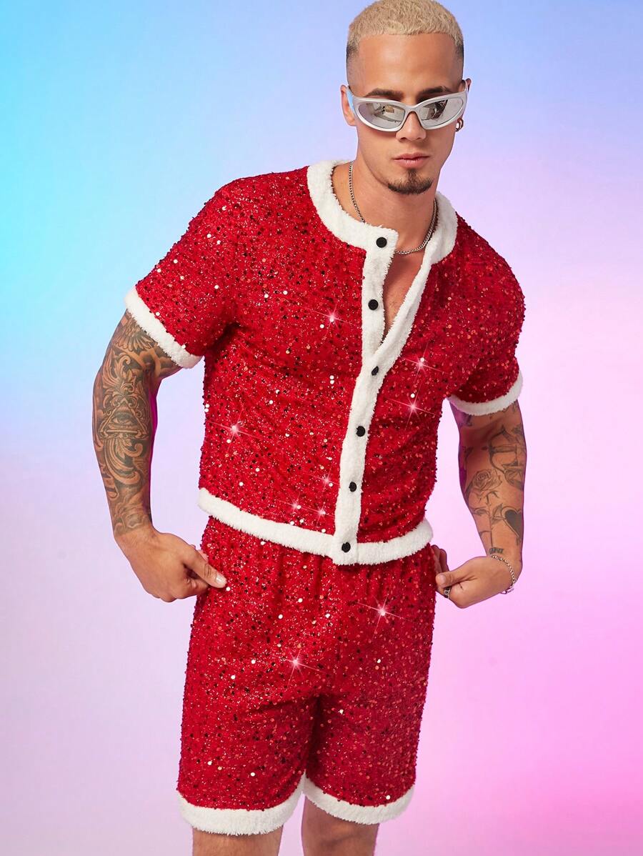 FeverCity Camicia uomo di moda con applicazioni di paillettes, decorativa, a maniche corte, per il Natale
