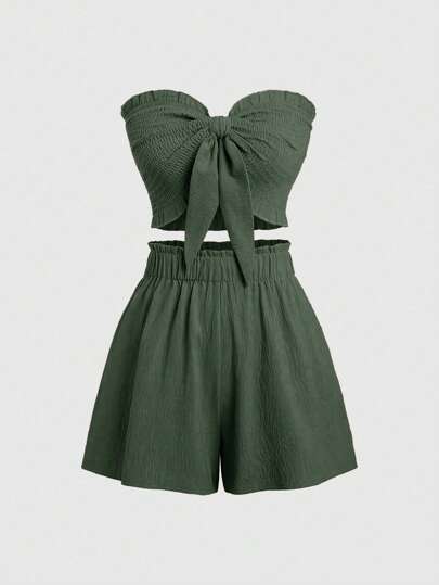 SHEIN MOOSTA 2pcs/Set Solid Color Cropped Tube Top & Slim Fit Shorts