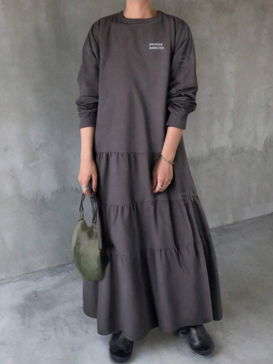 FRIFUL Vestido de manga larga con cuello redondo estampado minimalista para mujer, con volantes