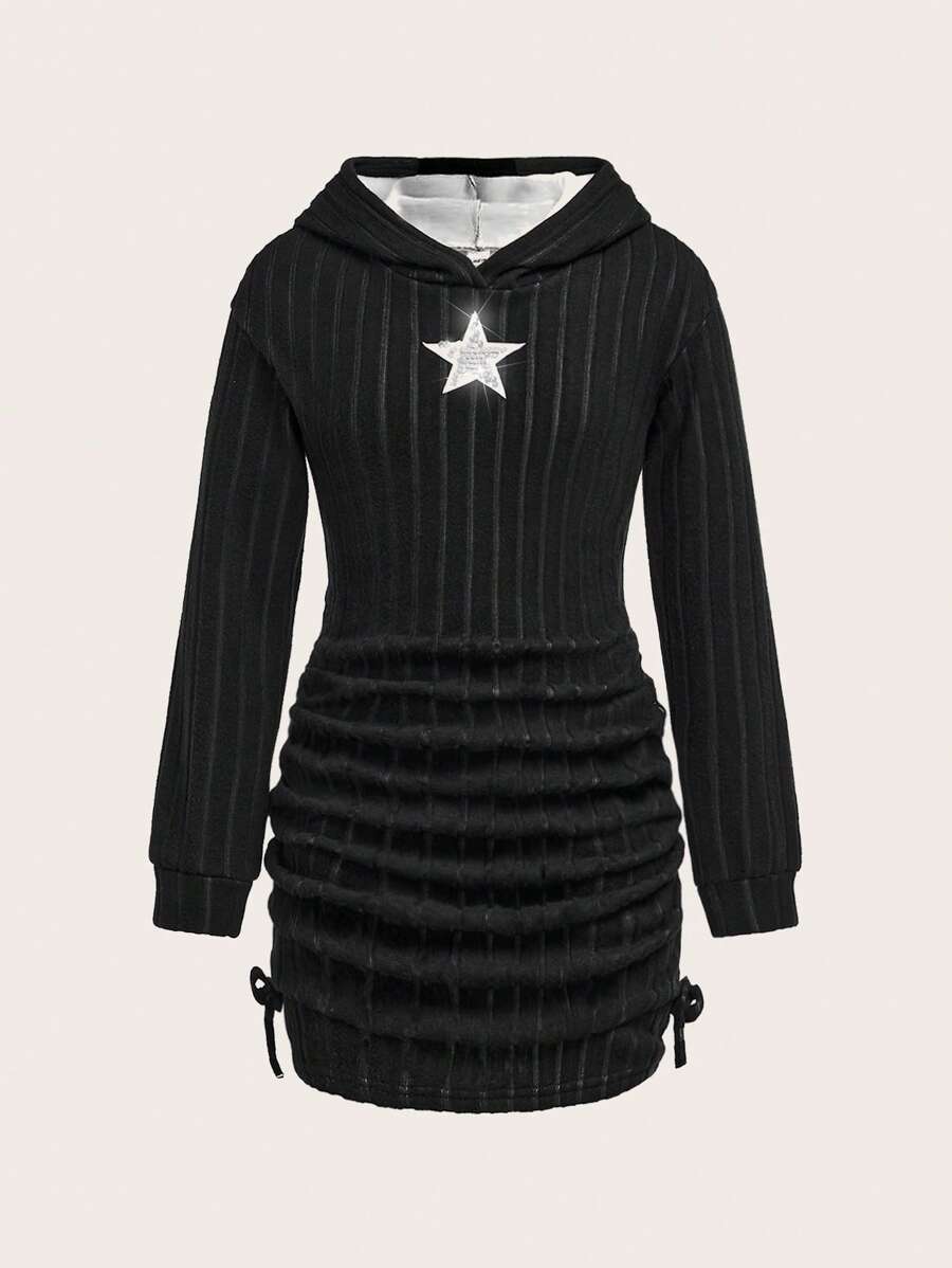SHEIN Vestido largo con capucha de niña preadolescente, decorado con estrellas brillantes, para otoño/invierno, diseño esponjoso y grueso