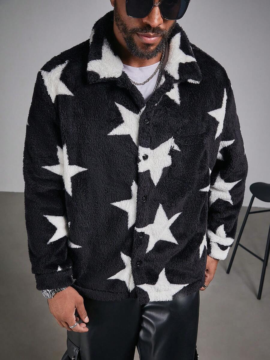 Manfinity Roughcore Men's Plus Size Star Print Button Front Long Sleeve Jacket, Autumn/Winter