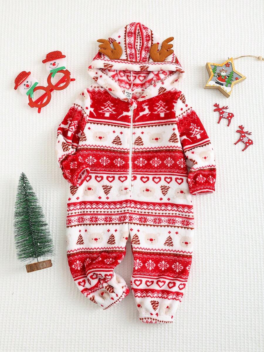 SHEIN Pasgeboren babyjongen/meisje kerstrendier & boompatroon dikke pluche jumpsuit, schattige stijlvolle warme outfit voor casual, vakantie, kerstfeestkleding