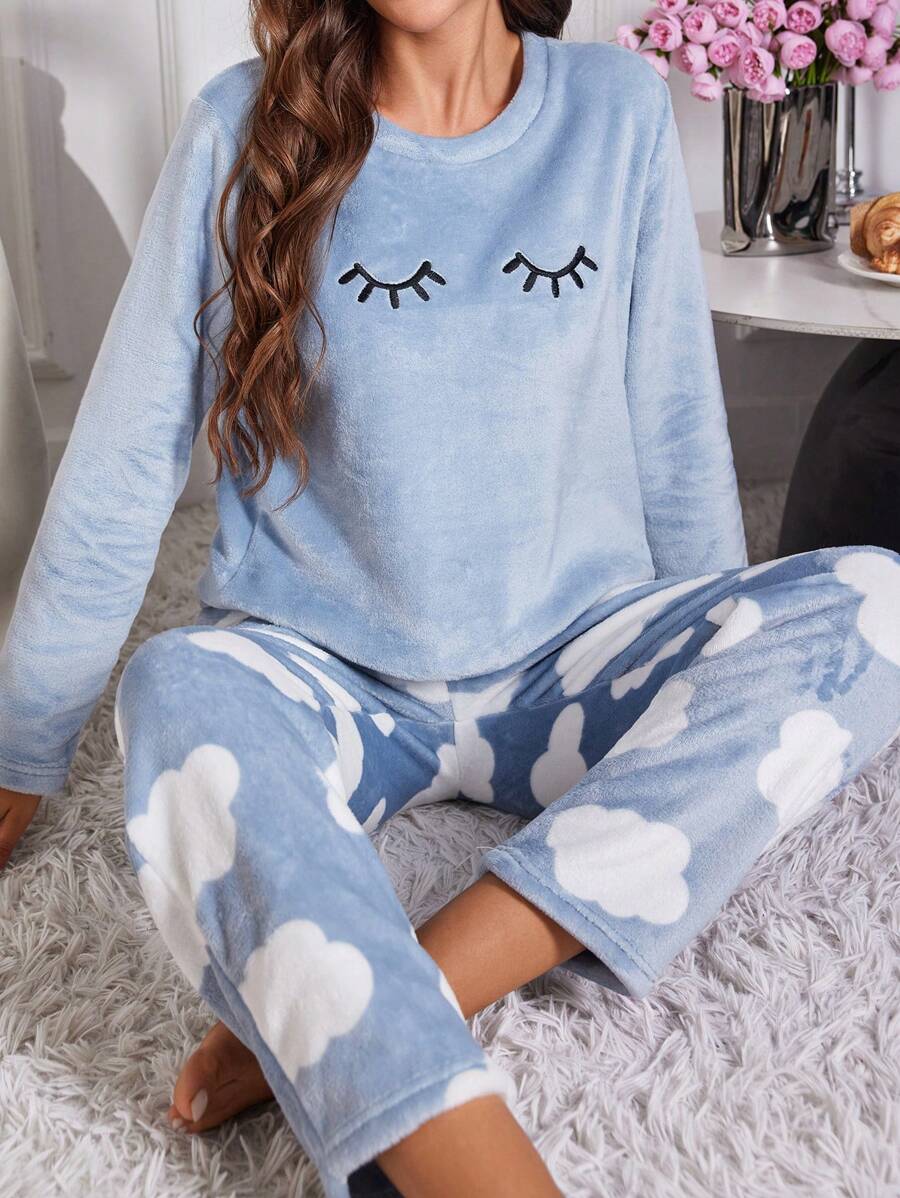 Eyelash Embroidery Flannel Long Sleeve Pajama Set
