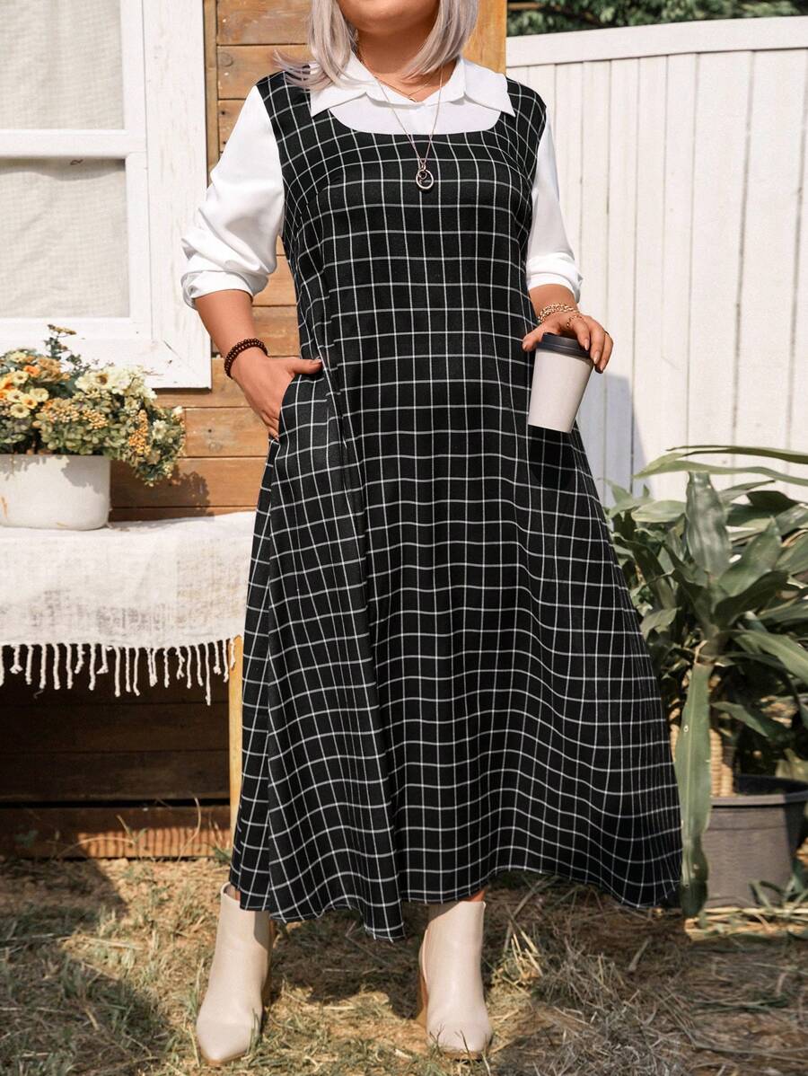Plus Size Solid Color Patchwork Long Sleeve Simple Pocket Casual Dress, Random Prints