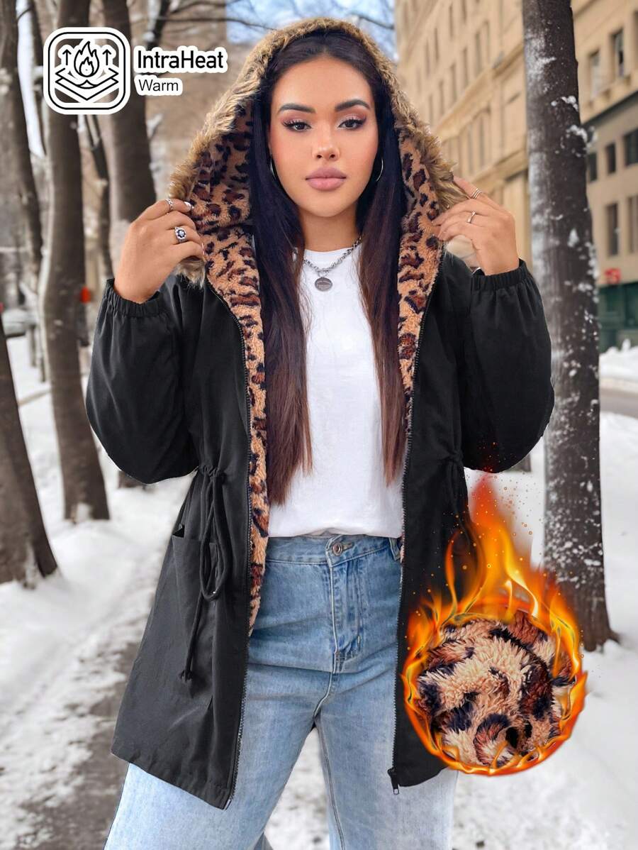 SHEIN EZwear Plus Size Women Hooded Long Sleeve Contrast Color Drawstring Fuzzy Trim Padded Coat