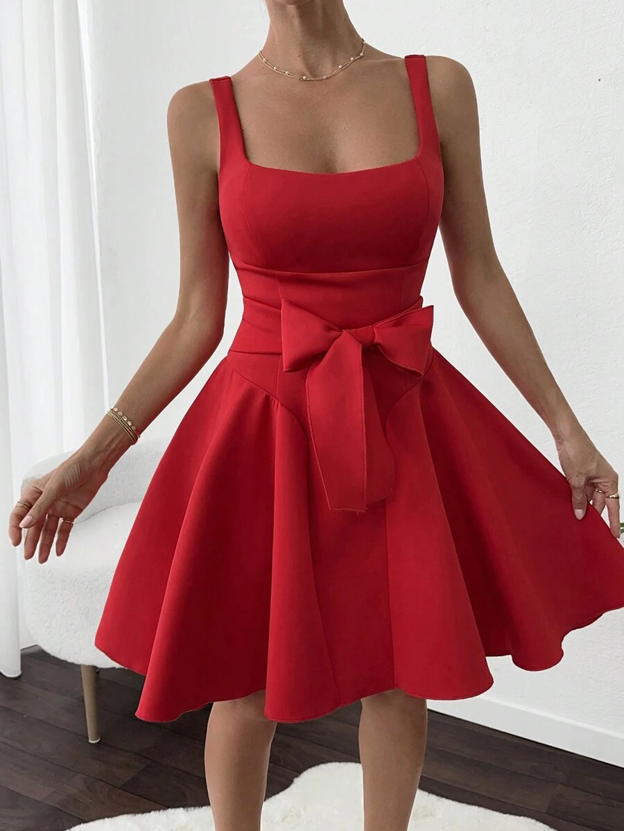 SHEIN Inside Breast Padded, V-Shape Skirt, Belted Stylish Sexy Part Dress