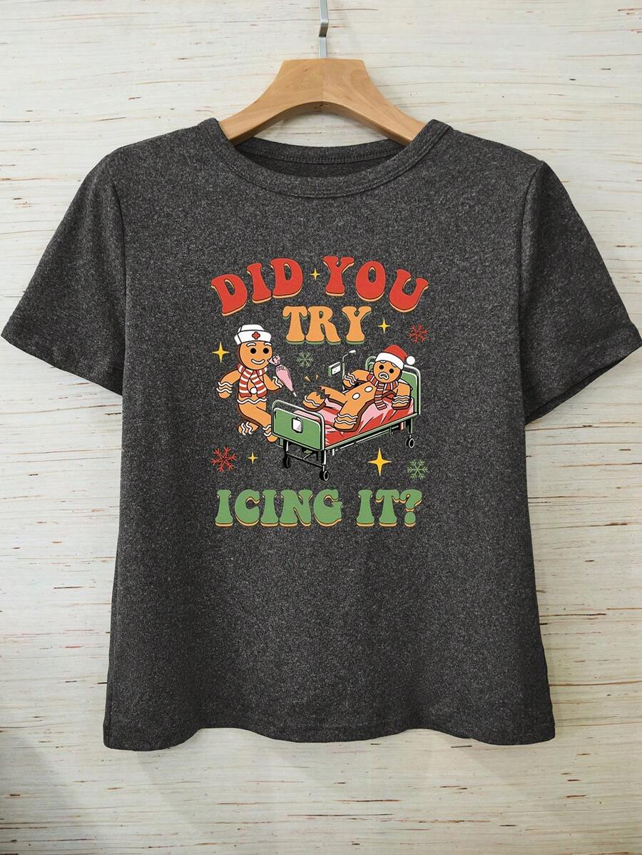 SHEIN Unity Christmas Theme Gingerbread Man Print Casual Festive Atmosphere Women T-Shirt Graphic Tees Women Tops