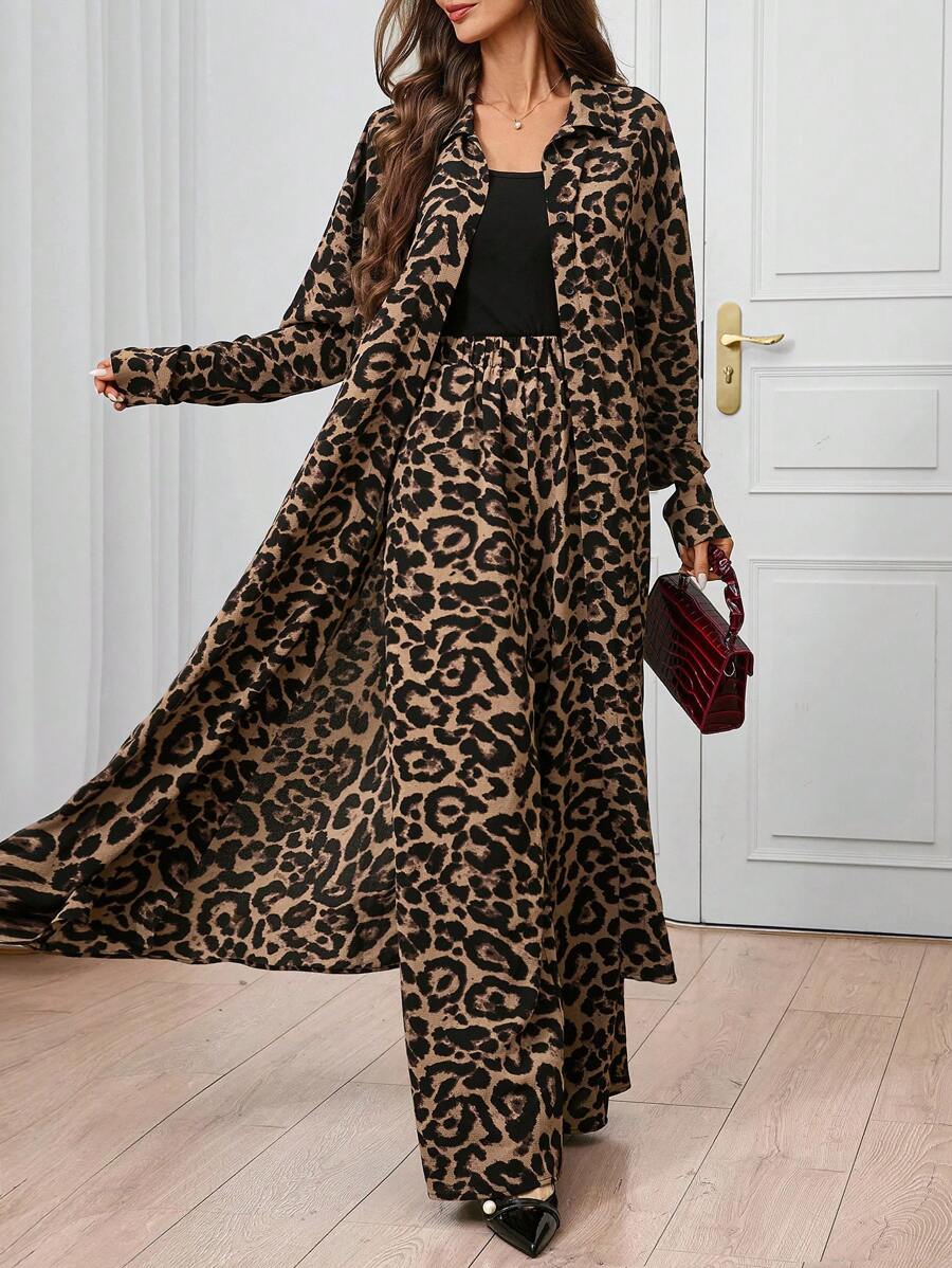 SHEIN Clasi 2pcs Women Leopard Print Long Shirt And Pants Set, Autumn