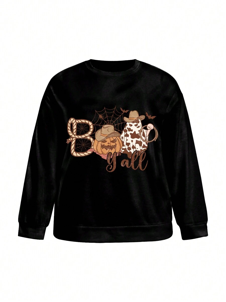 Lemon Design Artist Plus Size Ghost Pumpkin Printed Crew Neck Long Sleeve Sweatshirt, Holiday, Winter, Vacation, Festival