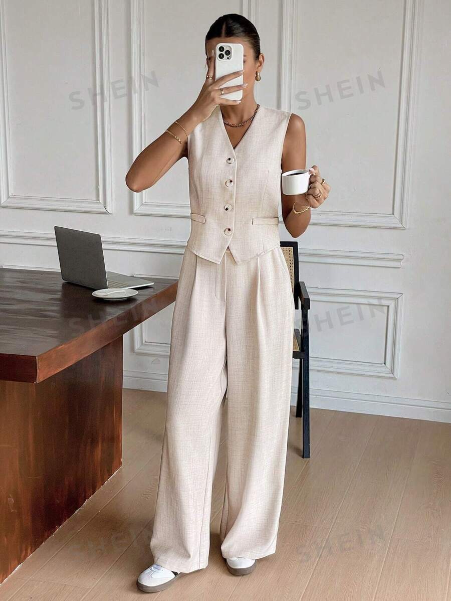 Siren Gaze Damen einfarbiger, einreihiger Weste und Hose Business Anzug, Herbst Damen Kleidung Herbst Zweiteiler Set V-Ausschnitt Weste Hosen Damen einfarbig gerade Anzughose, einfacher Damen Blazer Jacke für den Berufsalltag