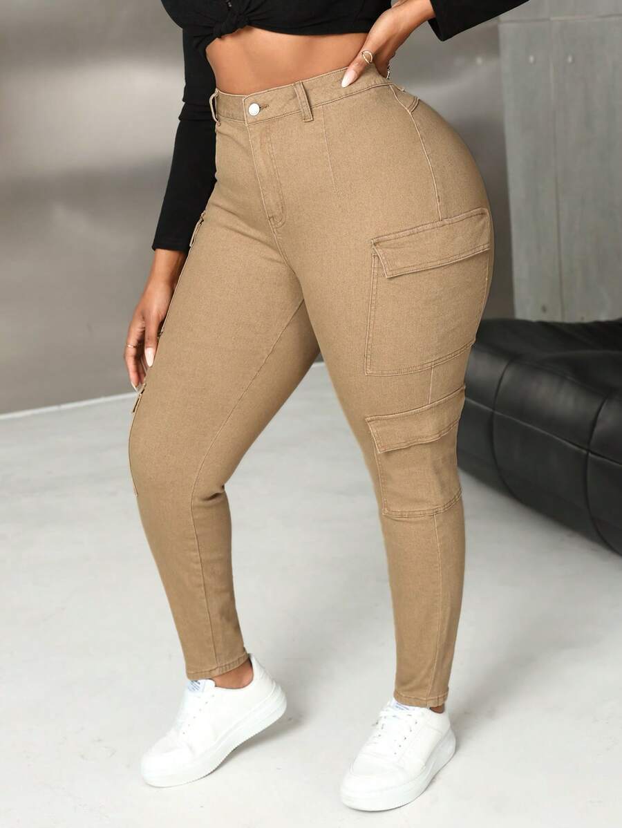 SHEIN SXY Jeans cálidos de talla grande para mujer, de color caqui, ajustados, de estirar, para trabajo