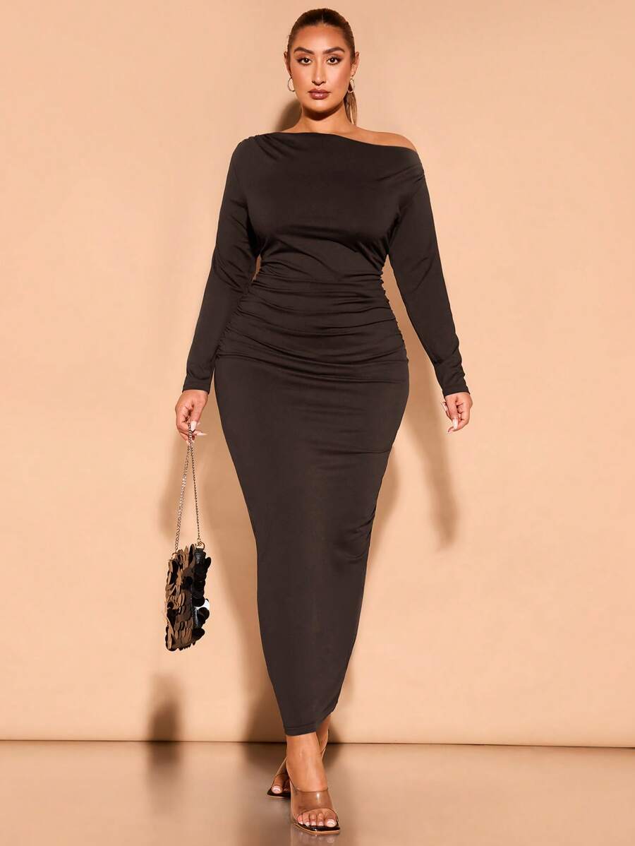 SHEIN BAE Plus Size Autumn Black Asymmetric One-Shoulder Gathered Long-Sleeved Elegant And Sexy Long Dress Suitable For Daily Outings, Dates And Commuting Fall Women Clothes