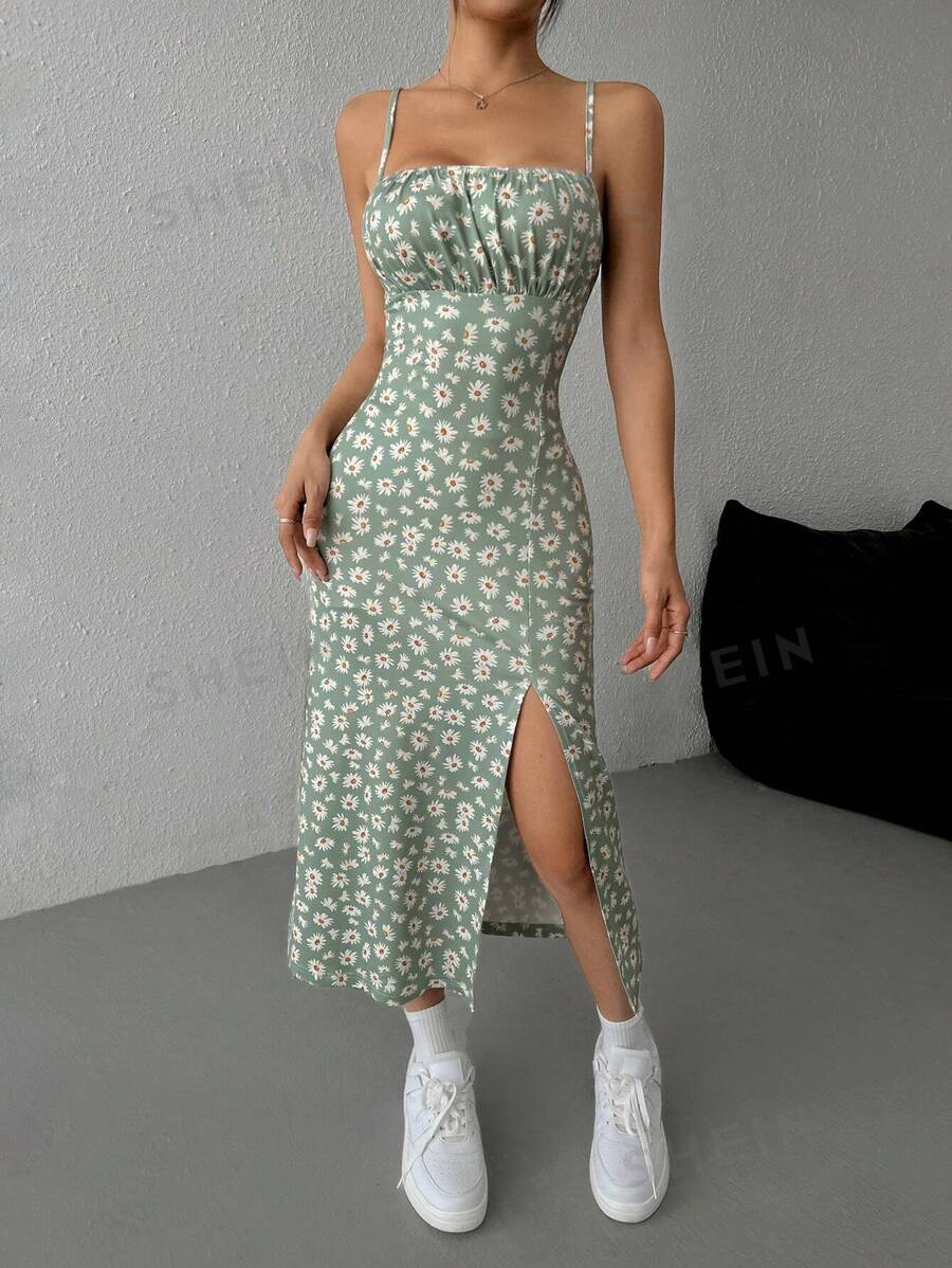 SHEIN EZwear Vestido de vacaciones para mujer con estampado floral, punto, escote lencero y bajo con abertura