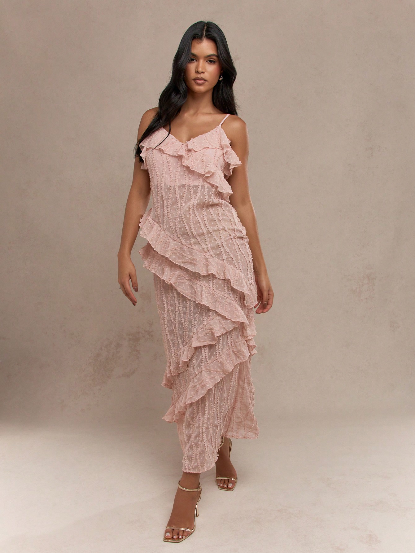 Boho Sheer Textured Chiffon Ruffle Detail Cami Maxi Dress