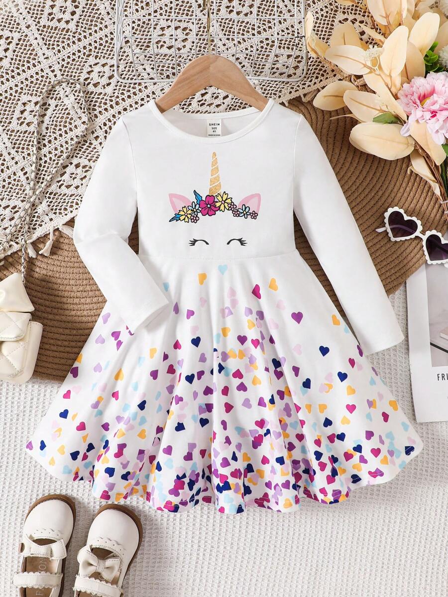 Vestido Branco de Menina Jovem com Padrão de Coração Colorido de Unicórnio Tricotado, Outono(9), Inverno(2) Vestido de Unicórnio para Meninas, Vestido de Unicórnio para Crianças