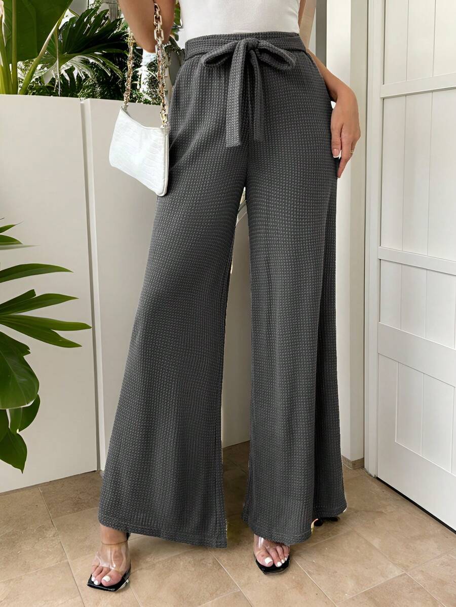 SHEIN Essnce Women's Casual Elastic Waist Bow Gray Waffle Knit Wide Leg Pants