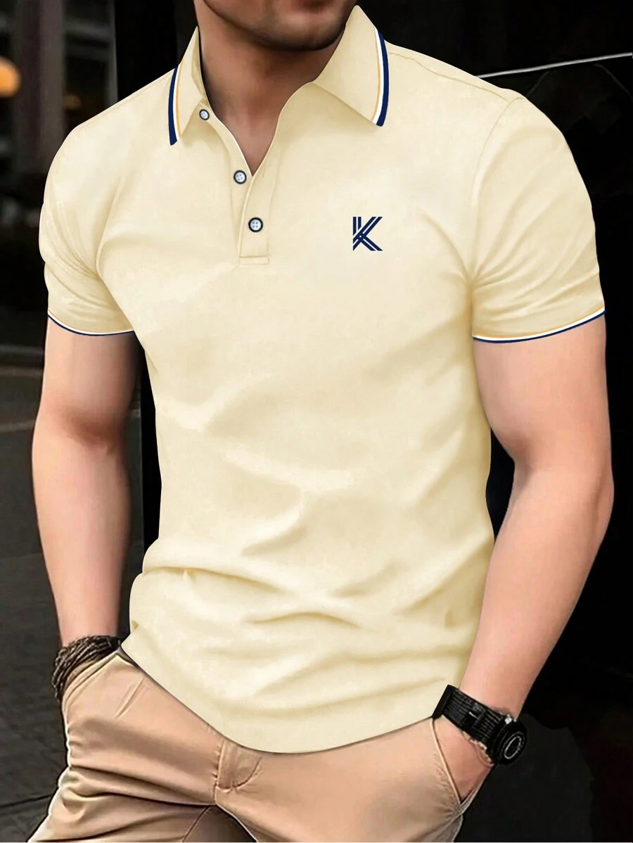 Manfinity Dauomo Camisa tipo polo de manga corta casual con letras y rayas para uso diario para hombres
